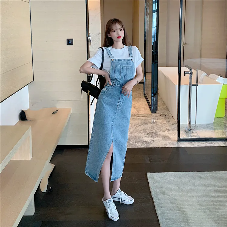 Button Dress Women Denim New Fashion Suspender Sleeveless Pockets