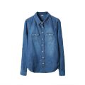 Autumn Women Lapel Button Blue Long Sleeves Denim Jean Shirts Pocket Slim Jeans tops Blouse Plus Size blusas mujer. 