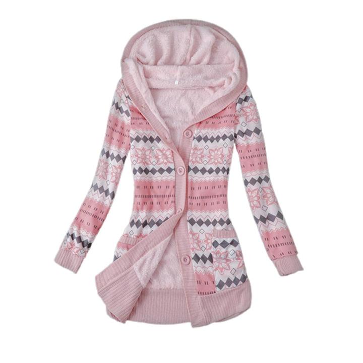Women Cardigan Hooded Buttons Closure Hooded Plush Lining Sweater Cardigan
