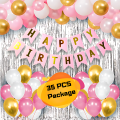 Happy Birthday Decorations Pink Combo Set- Pink, White And Golden Metallic Balloons, Birthday Pink Paper Banner, Silver Foil Curtain for Party Decoration Full Package- (Pack of 35 Pcs).