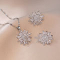 Luxury White Zircon Big Sunflower Stud Earrings and Pendants Stainless Steel Chains Necklaces For Women Bridal Jewelry Sets Gift.