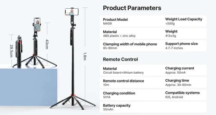 ULANZI%20MA09%20Extendable%20Phone%20Tripod,%2071"%20Selfie%20Stick%20Phone%20Vlog%20Tripod%20Stand%20Quadrapod%20with%20All%20in%201%20Phone%20Clip,%20Travel%20Tripod%20Phone%20Holder%20with%20Rechargeable%20Remote%20for%20iPhone%20Sony%20Canon%20-%20Image%206