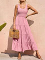 Dresses For Women 2024 Summer Elegant Sleeveless Floral Solid Color Long Dress Fashion Elastic Waist Beach Party Big Swing.