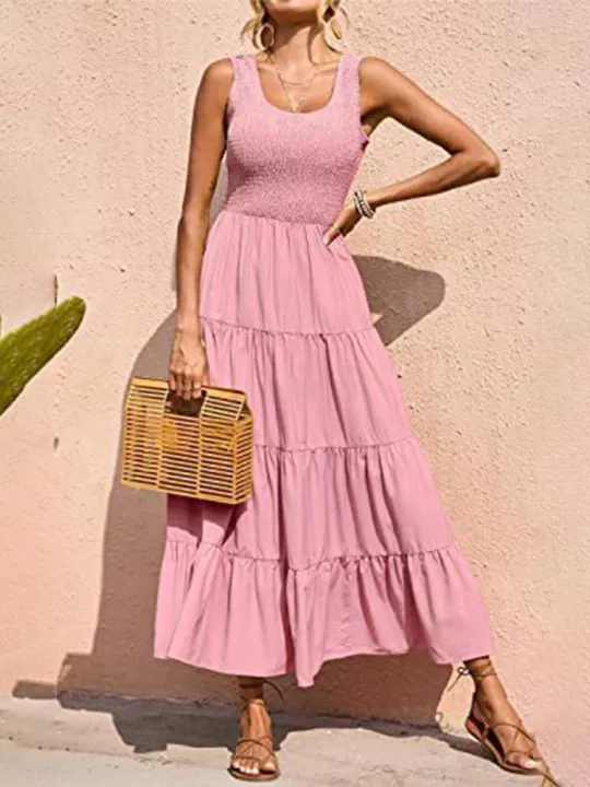 Dresses%20For%20Women%202024%20Summer%20Elegant%20Sleeveless%20Floral%20Solid%20Color%20Long%20Dress%20Fashion%20Elastic%20Waist%20Beach%20Party%20Big%20Swing%20-%20Image%206