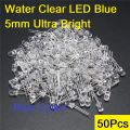 50Pcs- Transparent BLUE 5mm Water Clear LED Blue 5mm Ultra Bright Transparent Round 5mm LED Light Emitting Diode Water Clear Blue Light Bulbs For Electronics Project. 