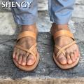 Men Leather Slippers Summer Flat Sandals Casual Greek Outdoor Beach Shoes Sandals Retro Roman Slippers Plus Size 39-48.