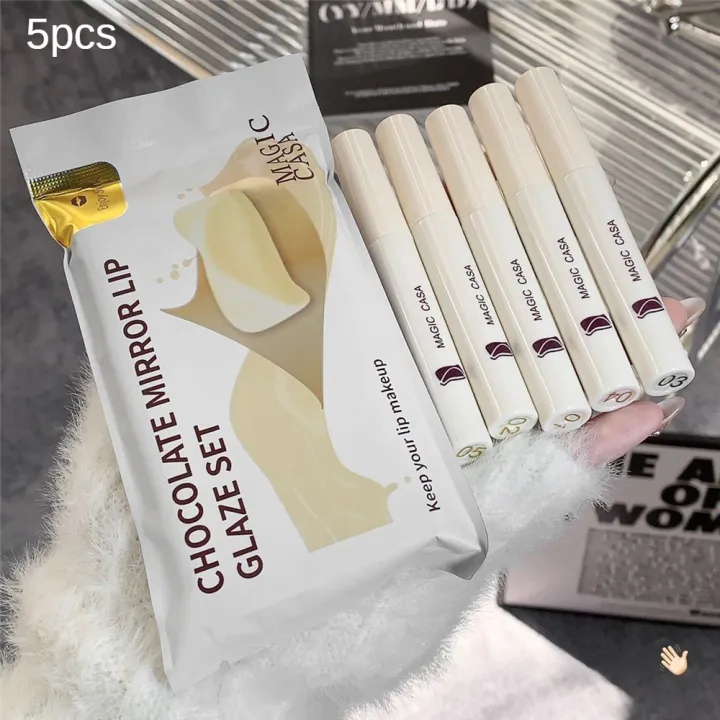 MAGIC CASA White Chocolate Mirror Lip Glaze Five-piece Set, Lasting Waterproof Not Easy To Fade Student Affordable Water Gloss Glass Lipstick
