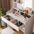 Vabches Vanity Desk with LED Light Mirror and Charging Station, Small Cute Vanity Set with 4 Storage Shelves 2 Drawers, Vanity f. 