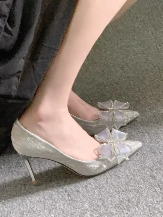 Crystal%20Bow%20High%20Heels%20Women's%20Stiletto%20Heel%20Fairy%20Style%20Maiden%20Bridesmaid%20Wedding%20Shoes%20Xiuhe%20Wedding%20Dress%20Two-Way%20Wear%20-%20Image%207