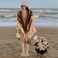2023 Spring and Autumn New Color Contrast Ethnic Style Ruffle Shawl Female Bohemian Cardigan Fungus Trim Internet Celebrity Cloak. 