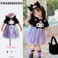 Cartoon Kuromi Sparkling Mesh Flower Bud 2024 Summer Korean Edition Girl's Fashionable Short sleeved Women's Treasure Dress. 