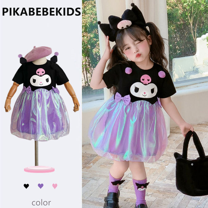 Cartoon Kuromi Sparkling Mesh Flower Bud 2024 Summer Korean Edition Girl's Fashionable Short sleeved Women's Treasure Dress