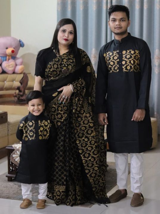 Block%20Print%20Family%20Set%20Half%20Silk%20Saree%20and%20Dhupian%20Panjabi%20for%20Father%20Mother%20and%20Son%20-%20Image%204