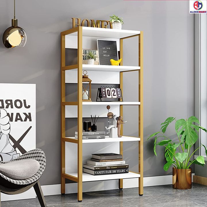 Aldeemart Metal Wood Bookcase, Multifunctional Freestanding Bookcase for Small Spaces for Living Room, Bedroom,