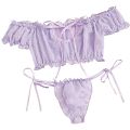 2PCS Off Shoulder Lace Up Bikini Set Women Sweet Casual Short Sleeve Swimsuits Beachwear Bathing Suits Lingerie.