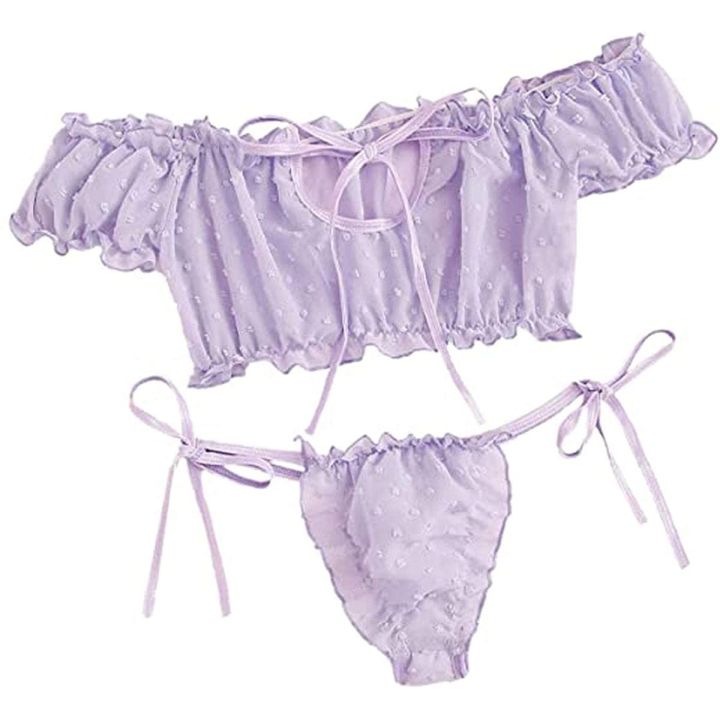 2PCS%20Off%20Shoulder%20Lace%20Up%20Bikini%20Set%20Women%20Sweet%20Casual%20Short%20Sleeve%20Swimsuits%20Beachwear%20Bathing%20Suits%20Lingerie%20-%20Image%204