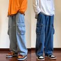 Wide Leg Cargo Pants Autumn New Streetwear Baggy Hip Hop Jeans Big Pockets Men Korean Fashion Loose Straight Male Clothing Blue. 