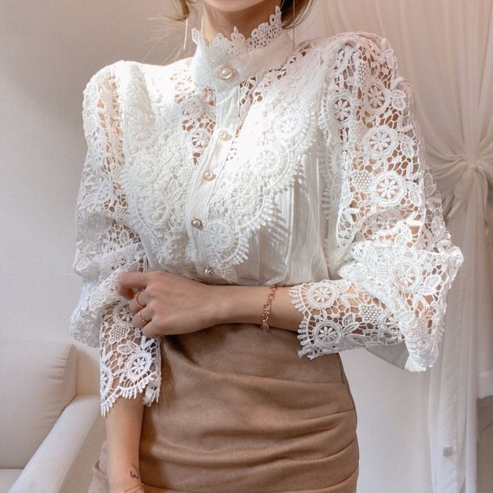 Chic%20Button%20Hollow%20Out%20Flower%20Lace%20Patchwork%20Shirt%20Stand%20Collar%20All-match%20Femme%20Blusas%20Petal%20Sleeve%20Women%20Blouses%2012419%20-%20Image%204