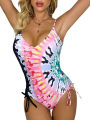 Women's Summer Slim Romper Swimwear Sleeveless V Neck Tie Dye Print Bathing Suit.