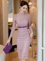 Exquisite Elegant Qipao Dress Women Celebrity Sheer Lace Pearl Flower Cheongsam Robe Lady Evening Party Date Prom Vestidos Mujer.