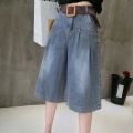 Summer Jean Shorts for Women High Waist Wide Leg Denim Short Pants with Pockets Female Blue Half Short Jeans.