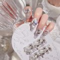 Glitter Large Crystal False Nails 24pcs 3D Rhinestone Pearl Decor Bride Nail Patch Shiny Korean Style Artificial Nail Tips. 