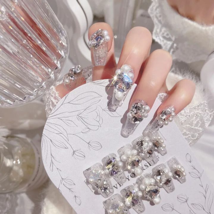 Glitter Large Crystal False Nails 24pcs 3D Rhinestone Pearl Decor Bride Nail Patch Shiny Korean Style Artificial Nail Tips