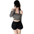 Jumperjuser-Female Crop Tops, Off Shoulder Long Sleeve Fake Two Pieces T-Shirt Blouse for Spring Summer, Gray/Black.