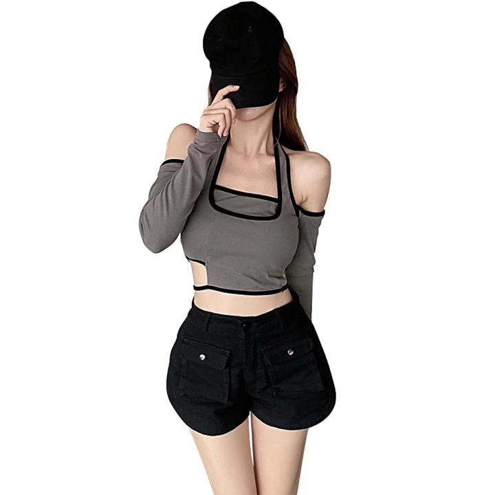 Jumperjuser-Female Crop Tops, Off Shoulder Long Sleeve Fake Two Pieces T-Shirt Blouse for Spring Summer, Gray/Black