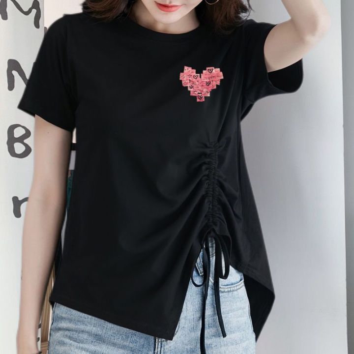 Short%20Sleeve%20T%20T-shirt%20Women's%20New%20Summer%20Korean%20Style%20Split%20Drawstring%20Irregular%20Versatile%20Split%20Loose%20Design%20Top%20ins%20-%20Image%204