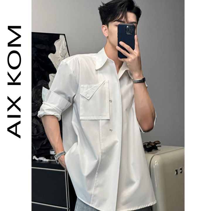 AIX%20KOM%EF%BD%9CFashionable%20Designer%20Lapel%20Fashion%20Casual%20All-Match%20Light%20Luxury%20Temperament%20Shirt%20Solid%20Color%20Simple%20-%20Image%204