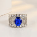 Live Sale Full Diamond Colored Stone Ring Opening Set 2 Carat High Carbon Diamond Egg Shaped Diamond Deep Blue Citrine Ring. 