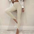 Beige Ribbed Knit Leggings Women High Waist Cotton Fitness Basic Pants Casual Spring New All-Match Female Skinny Leggings.