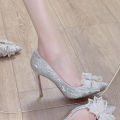 Crystal Bow High Heels Women's Stiletto Heel Fairy Style Maiden Bridesmaid Wedding Shoes Xiuhe Wedding Dress Two-Way Wear. 