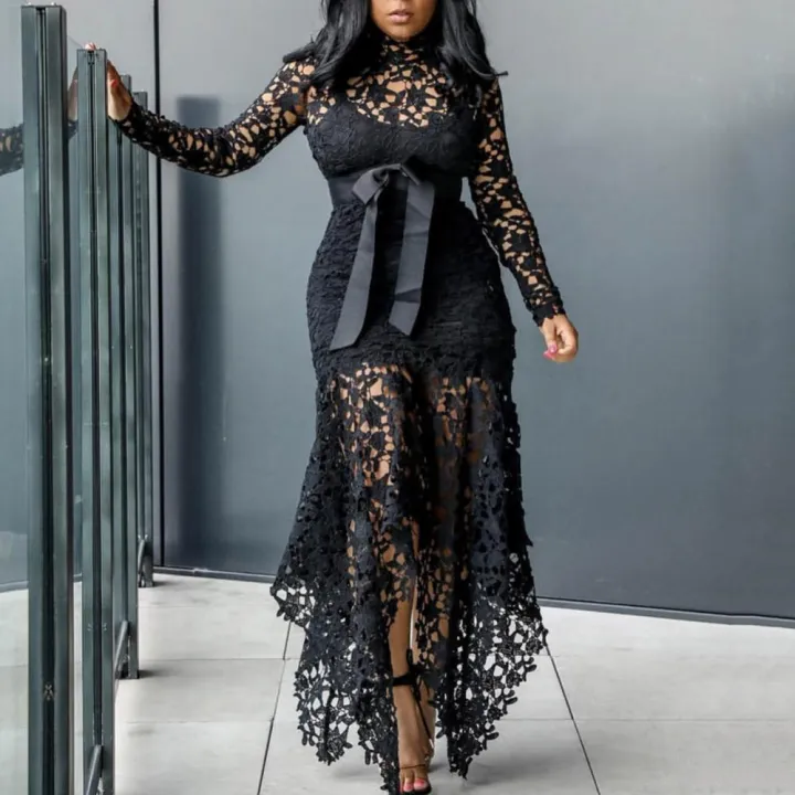 Knot%20Belt%20Irregular%2070%25%20Hot%20Selling%20Women's%20Long%20Sleeve%20Butterfly%20Hem%20Lace%20Bodycon%20Dress%20-%20Image%204