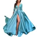 Women's Dress Spring Slim Lace Stitching Split Dress Women's Fashion Long Sleeve V-neck High Waist Party Formal Dress.