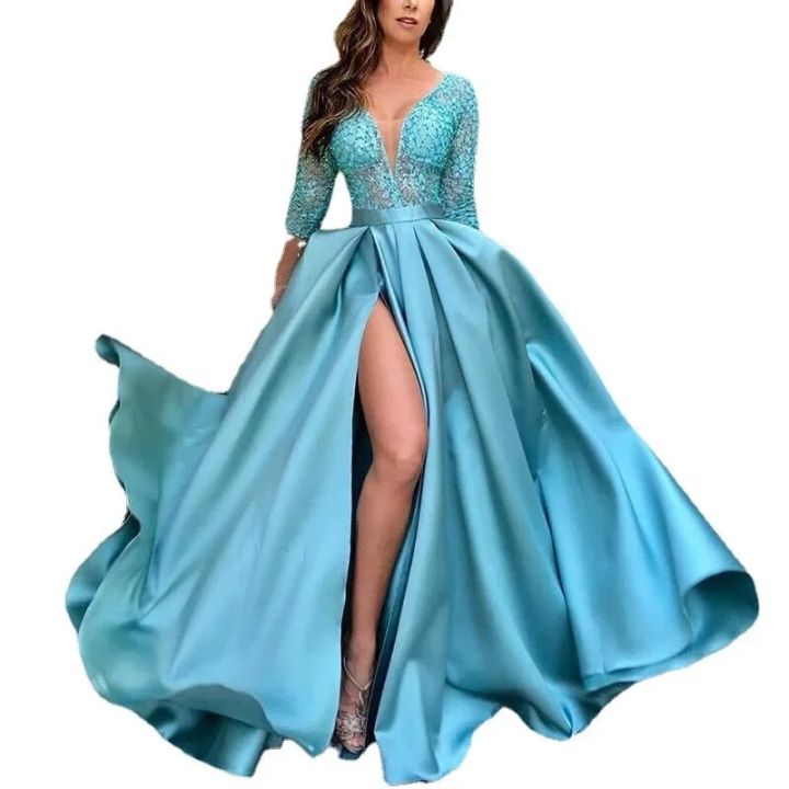 Women's%20Dress%20Spring%20Slim%20Lace%20Stitching%20Split%20Dress%20Women's%20Fashion%20Long%20Sleeve%20V-neck%20High%20Waist%20Party%20Formal%20Dress%20-%20Image%206