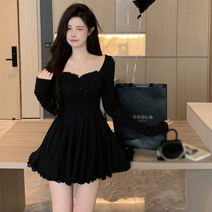 Korean%20Dress%20Short%20French%20Style%20Long%20Sleeve%20Collarbone%20Exposed%20Square%20Collar%20-%20Image%204