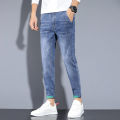 Spring and Autumn Jeans Men's Slim Fit Skinny2023New Printing Stylish Blue Men's Clothing Casual Ankle-Length Pants.
