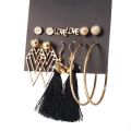 6 Pairs Plated Ball Hoop Cutout Black Tassel Love Earring Jewelry Set for women's fashion - Kaner Dul. 