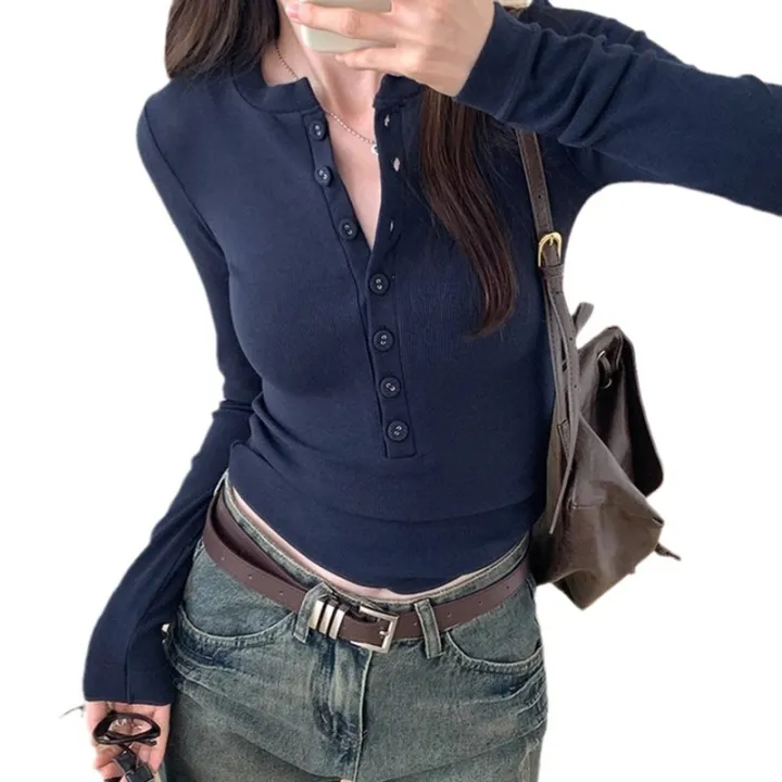 High-Grade%20Button%20T%20T-shirt%20Women's%20Unique%20Half-Open%20Collar%20Top%20Spring%20and%20Autumn%20Tight%20Hot%20Girl%20Shoulder%20Long%20Sleeve%20Solid%20Color%20Bottoming%20Shirt%20-%20Image%205