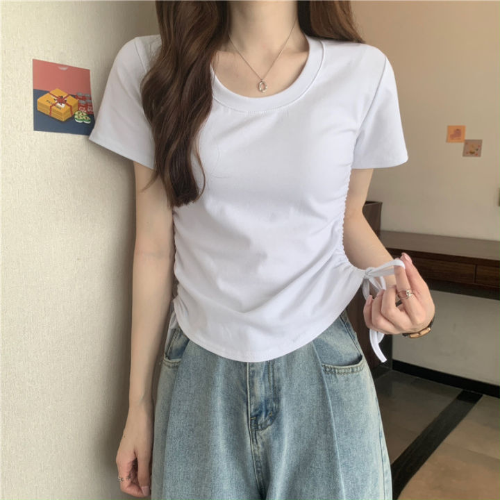 Loose%20Slim-Fit%20Short%20Sleeve%20T%20Women's%20Summer%20T-shirt%202024%20New%20Korean%20Style%20Sense%20of%20Design%20Niche%20Drawstring%20Slim%20Top%20ins%20Tide%20-%20Image%206