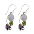 Vintage Marquise Round Faux Moonstone Emerald Amethyst Dangle Hook Earrings. 