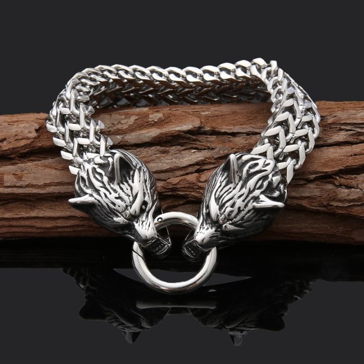 Norse mythology virgin wolf head stainless steel bracelet men's ring handmade hand accessories wholesale dropshipping