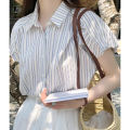 6636Summer Fashion Striped Blue Shirt Women's French Gentle and All-Match Shirt Niche Top Summer Stitching. 
