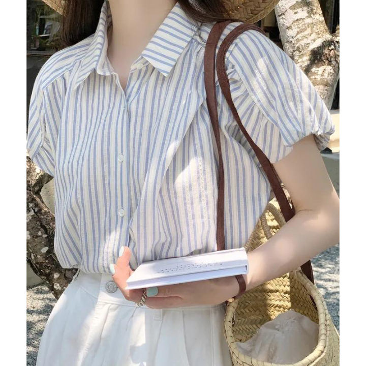 6636Summer%20Fashion%20Striped%20Blue%20Shirt%20Women's%20French%20Gentle%20and%20All-Match%20Shirt%20Niche%20Top%20Summer%20Stitching%20-%20Image%204