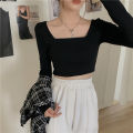 Early Autumn Hot Girl Square Collar Short Top for Women 2024 New Korean Style Fitted Bottoming Bottoming Shirt Long Sleeve T T-shirt Women's Fashion.