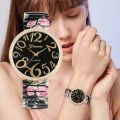 Fashion Women Quartz Watch Large Arabic Number Dial Ladies Wristwatch Unique Elastic Printing Strap Girls Watches Reloj Mujer. 