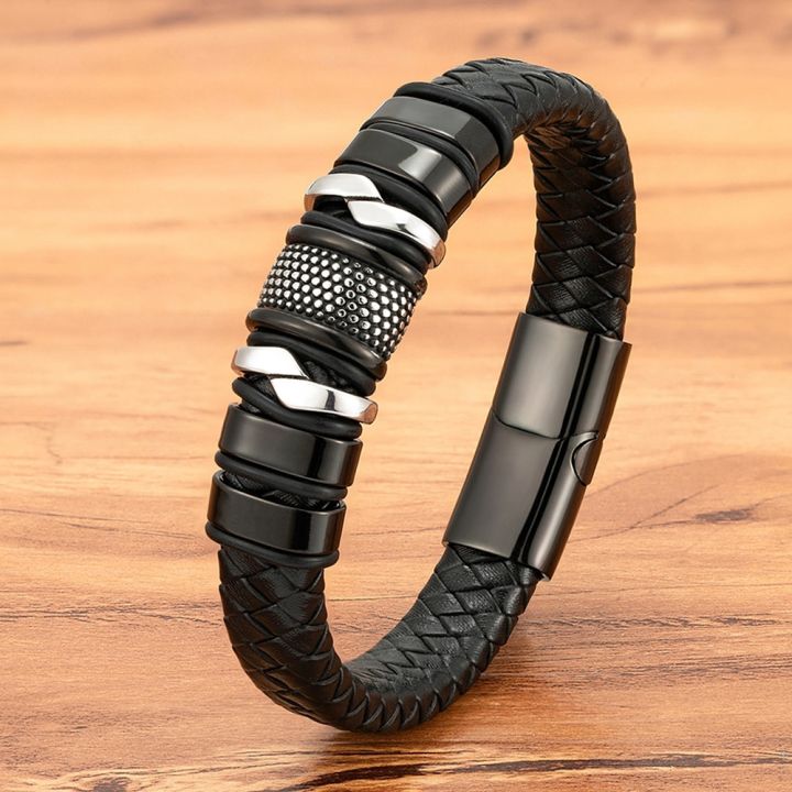 XQNI Fashion Braided Rope Wrap Black Leather Bracelets for Men