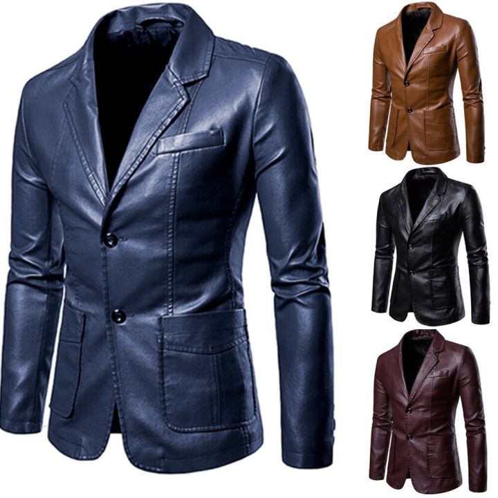 【Alien Alien】 Leather Blazer Man 2022 Spring Autumn Fashion Men's Leather Jacket Dress Suit Coat Male Business Casual Pu Black Blazers Jacket